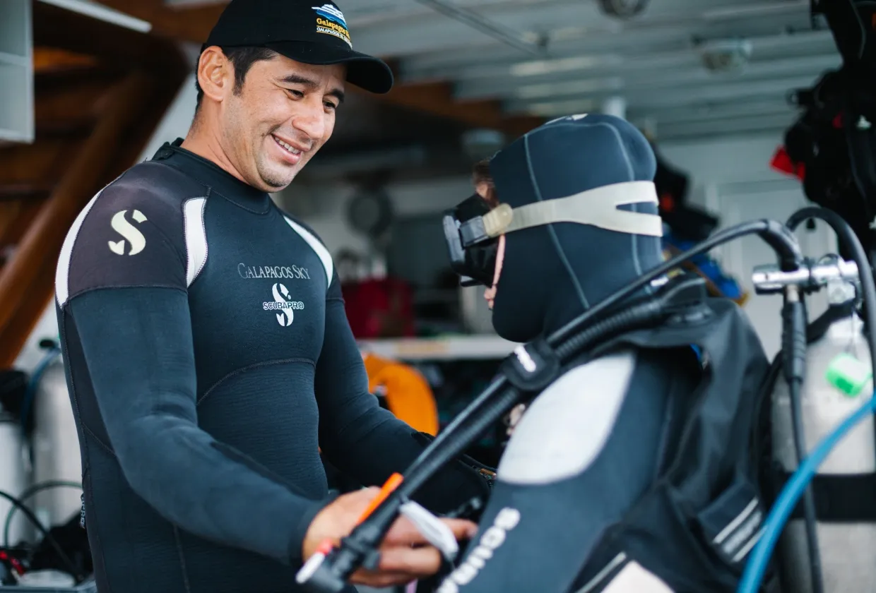 Diver in full kit on board Galapagos Sky