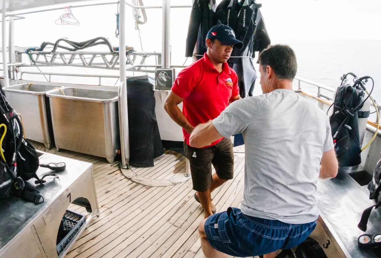 Getting ready on the dive deck of Galapagos Sky