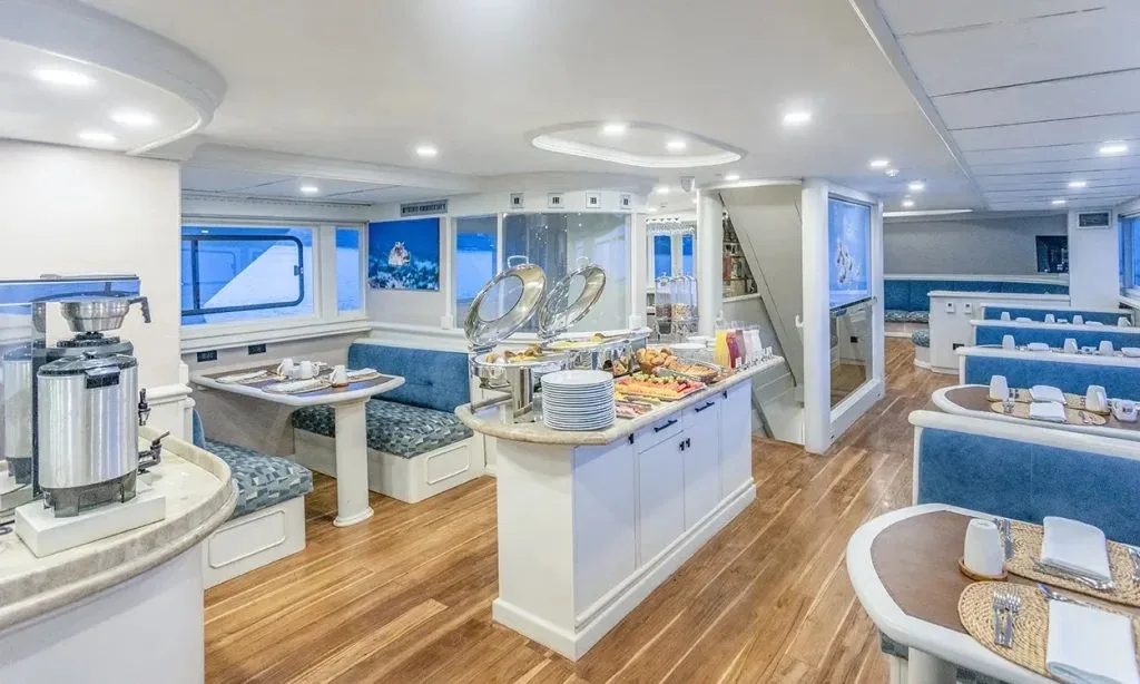 Buffet in the dining room of Galapagos Sky