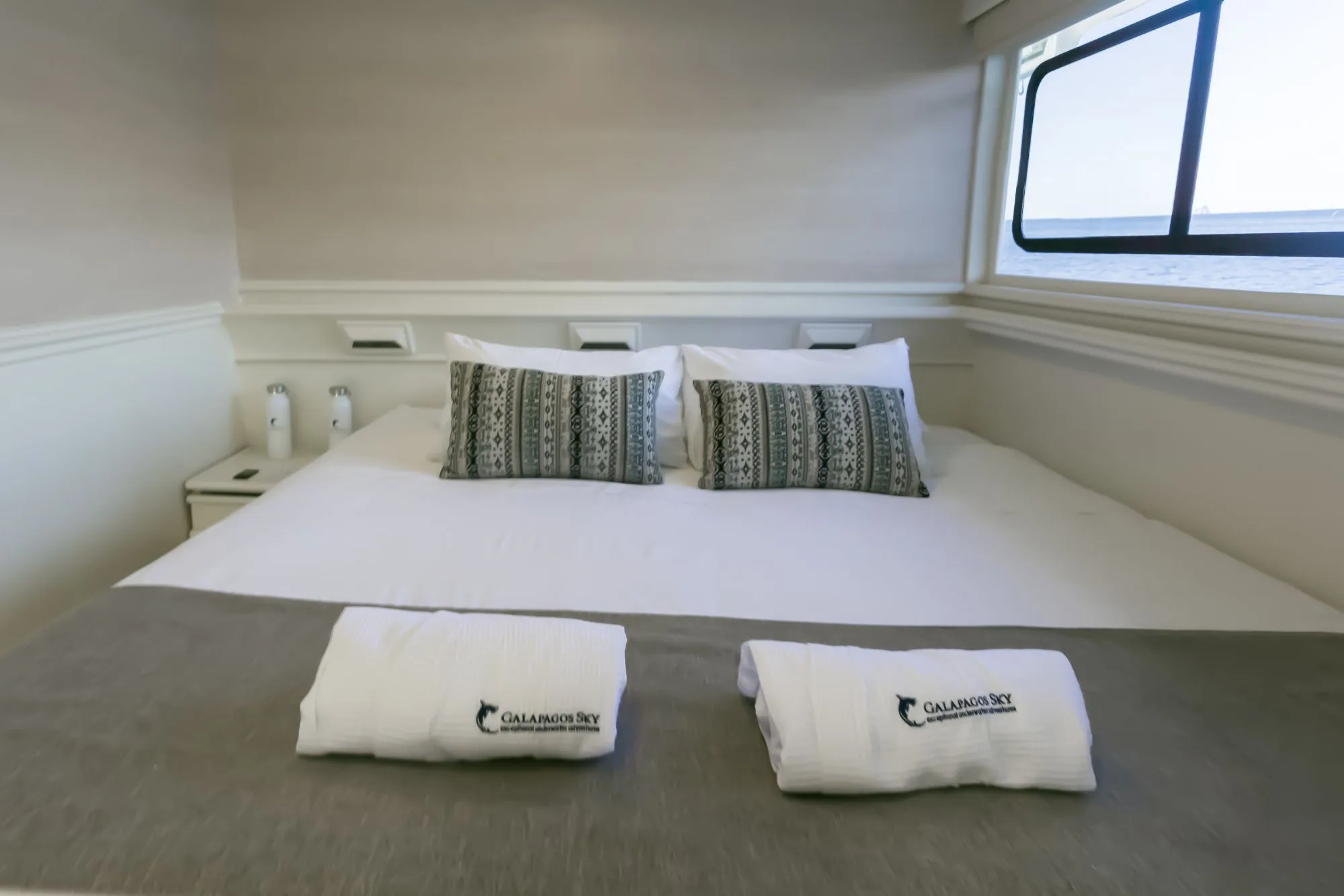 Master Stateroom on the upper deck of Galapagos Sky — view from the door