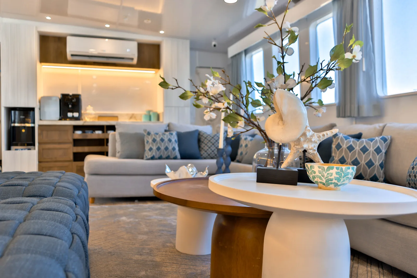 Soft seating in the saloon with coffee tables