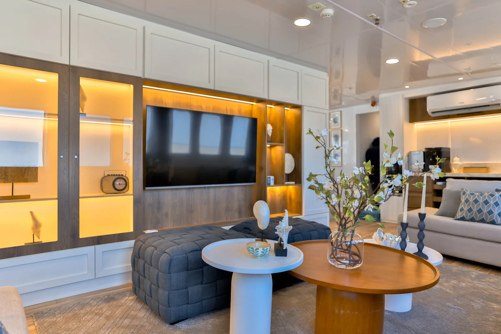 Television and display cabinets in the Galaxy Diver II saloon