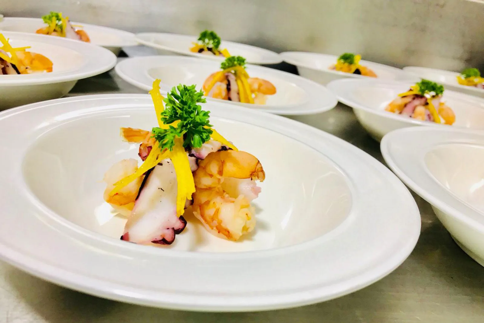Octopus dish plated in the Galaxy Diver II galley