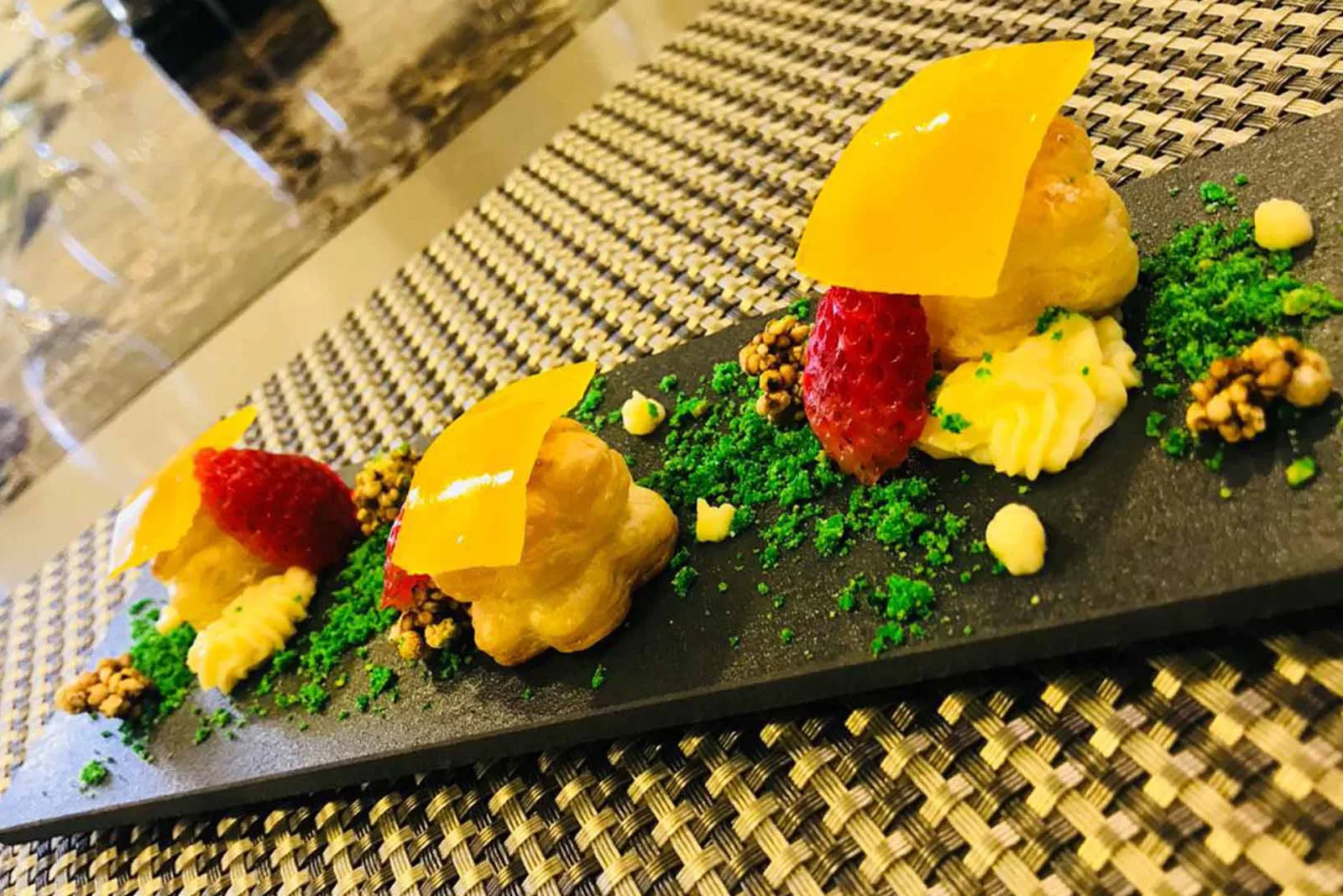 Strawberry and mango dessert served on board
