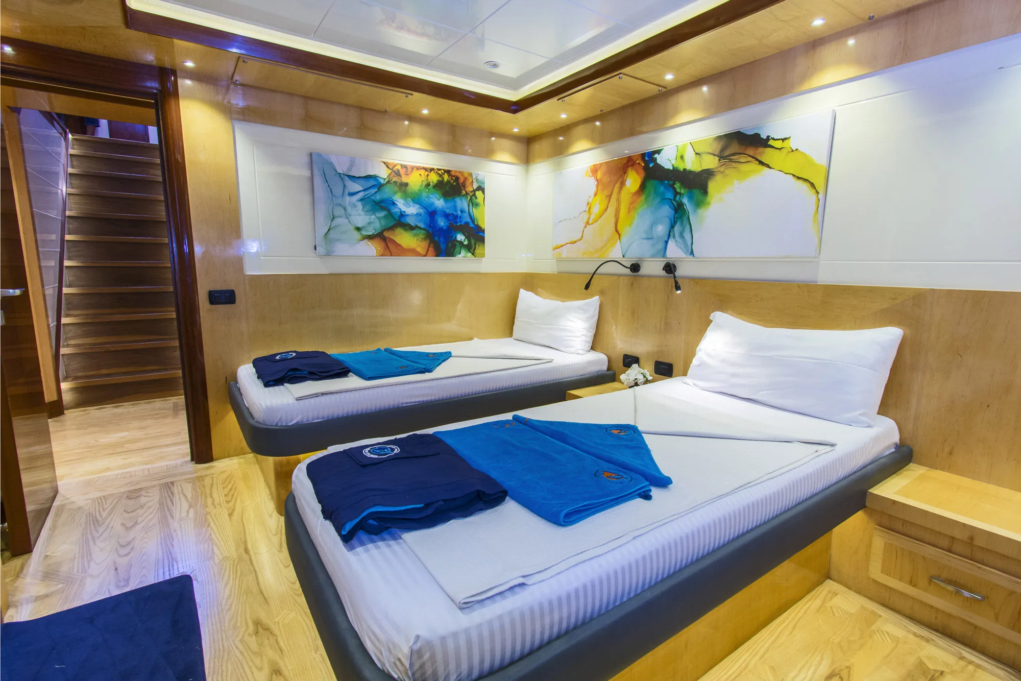 Раздельные кровати и картина над изголовьем в каюте нижней палубы Golden Dolphin IV