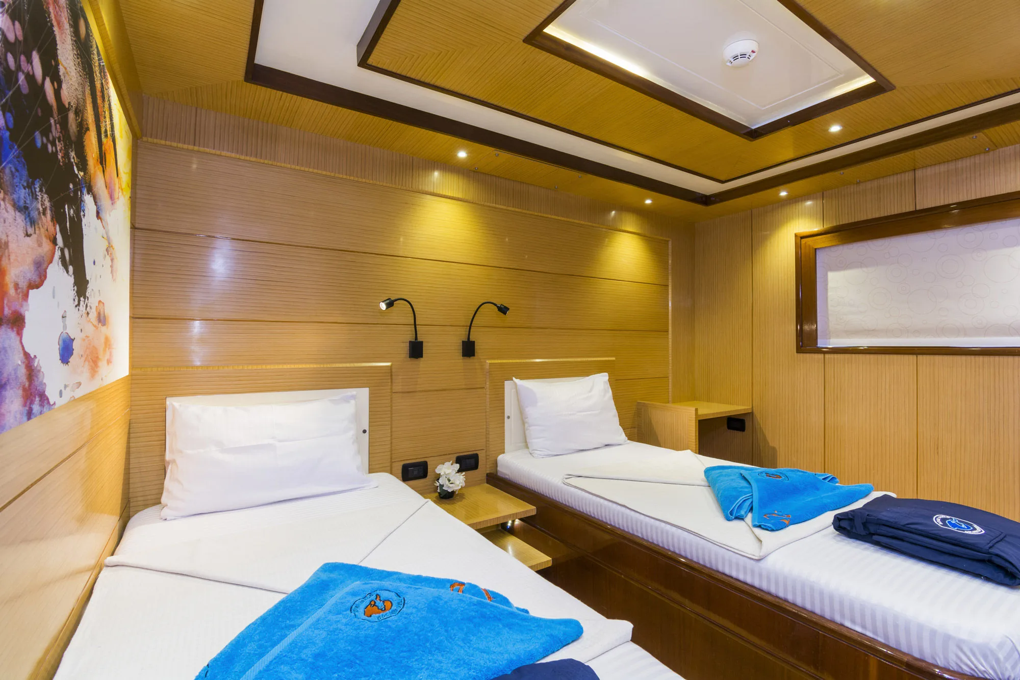 Каюта верхней палубы Golden Dolphin IV — раздельные кровати и картина на стене