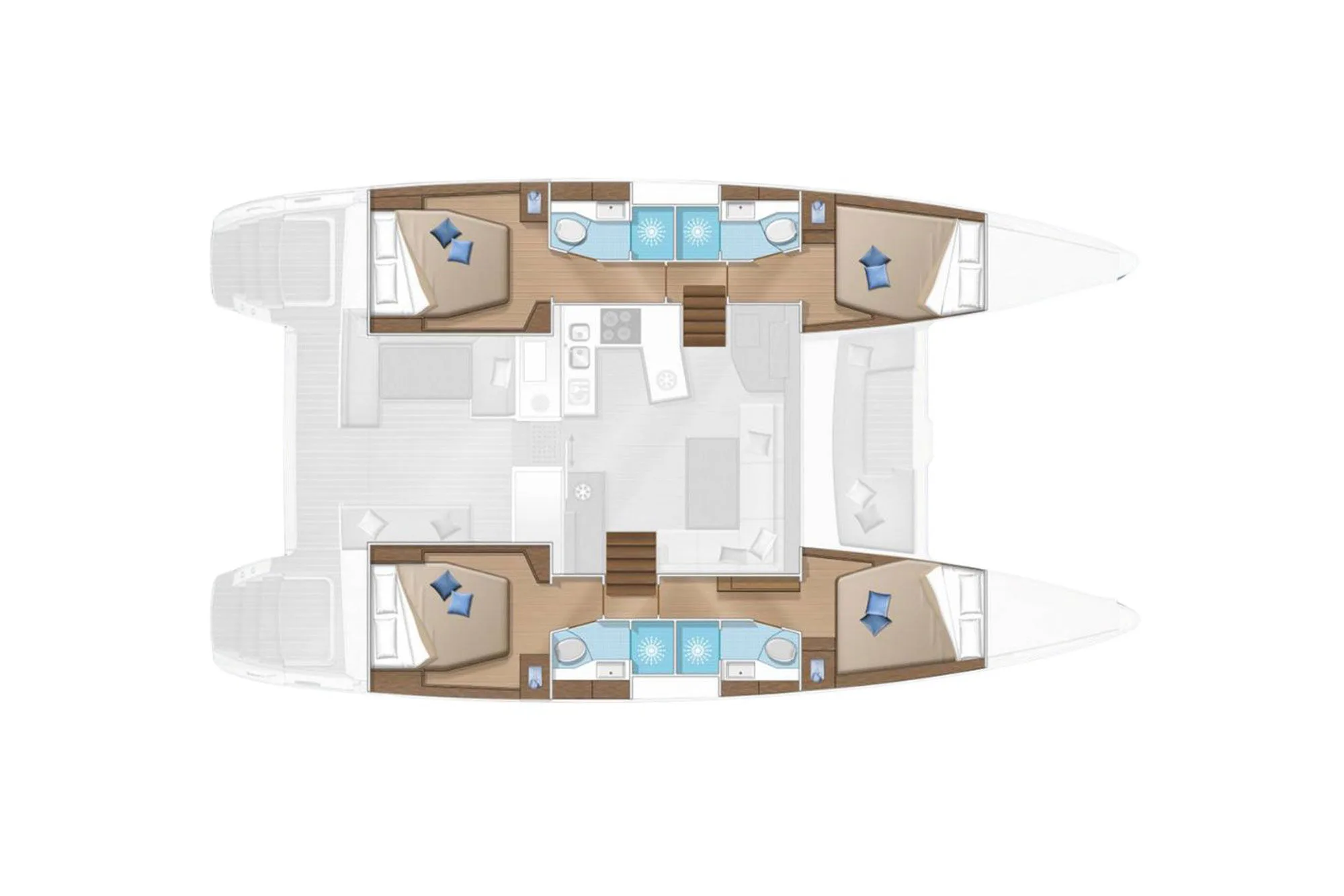 Catamaran layout — four guest cabins, four bathrooms and the saloon