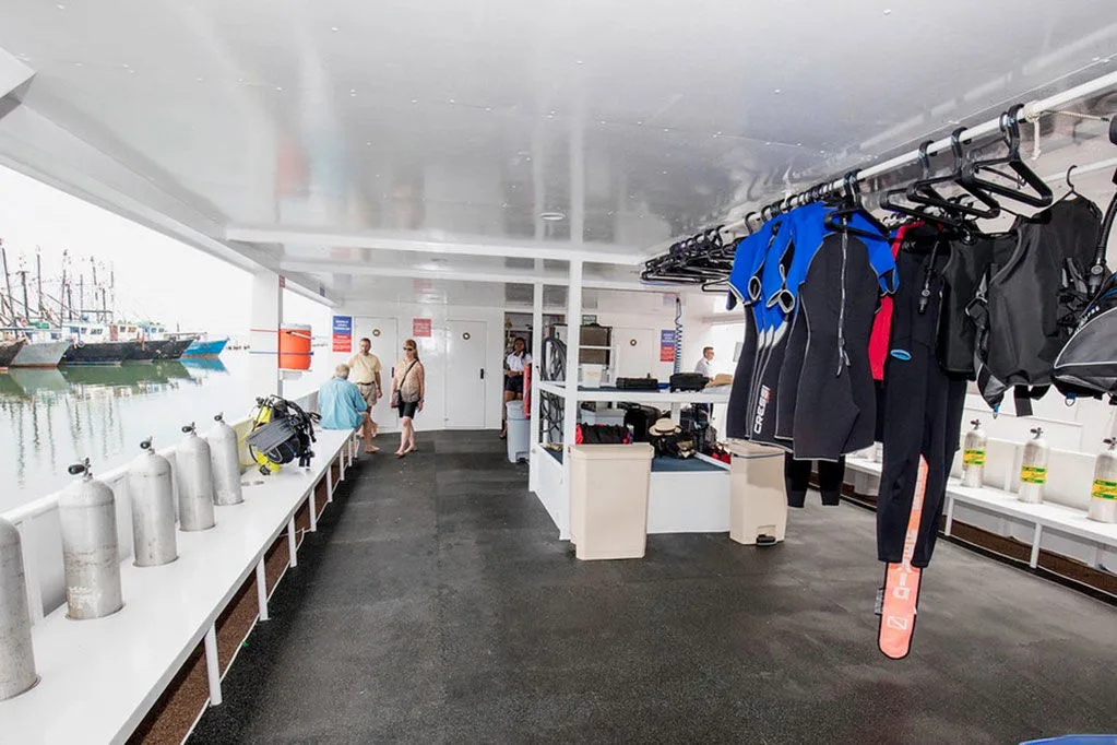Dive deck with kitting up stations and tank racks