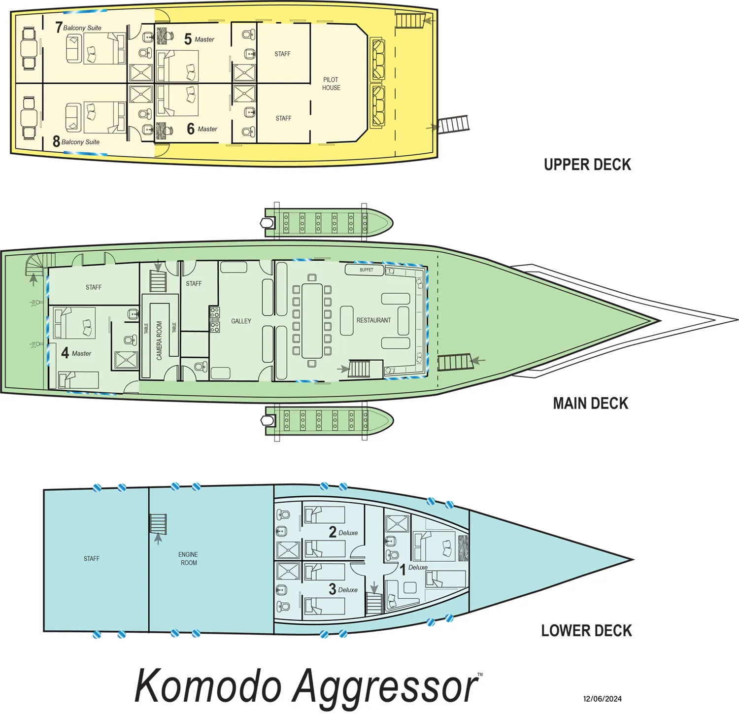 План палуб Komodo Aggressor — балконные сюиты и Master наверху, салон и ресторан на главной палубе, Deluxe внизу