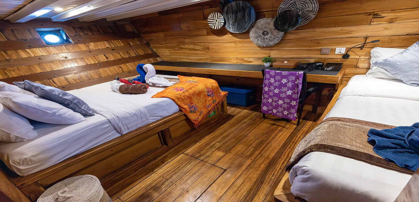 Lower-deck Deluxe on Komodo Aggressor — a small desk by the headboard and space for gear