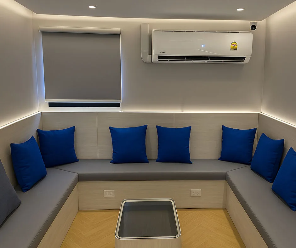 Lounge corner on Krishna 3 with a wraparound bench and blue cushions
