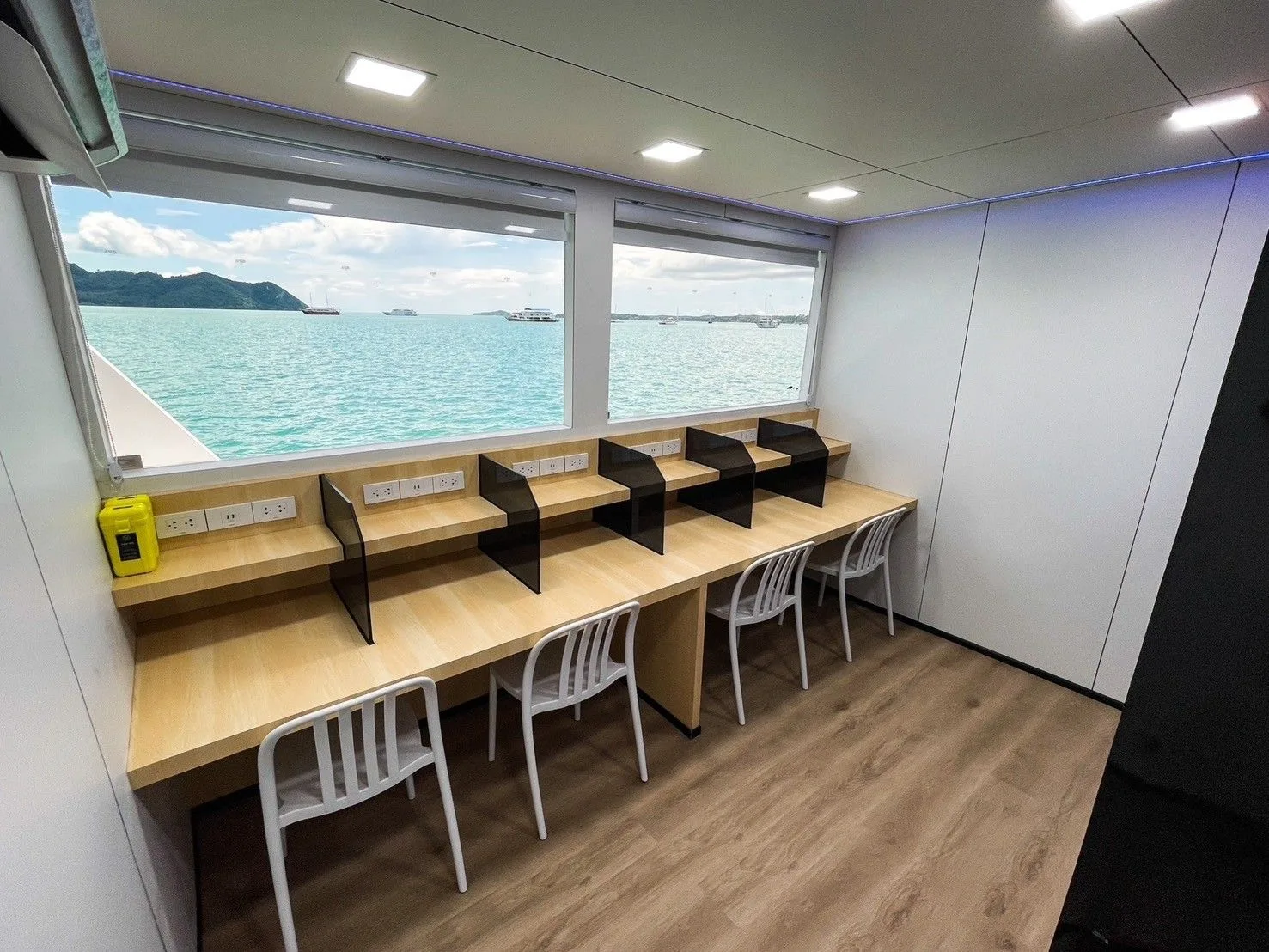 Five workstations for underwater cameras in the camera room