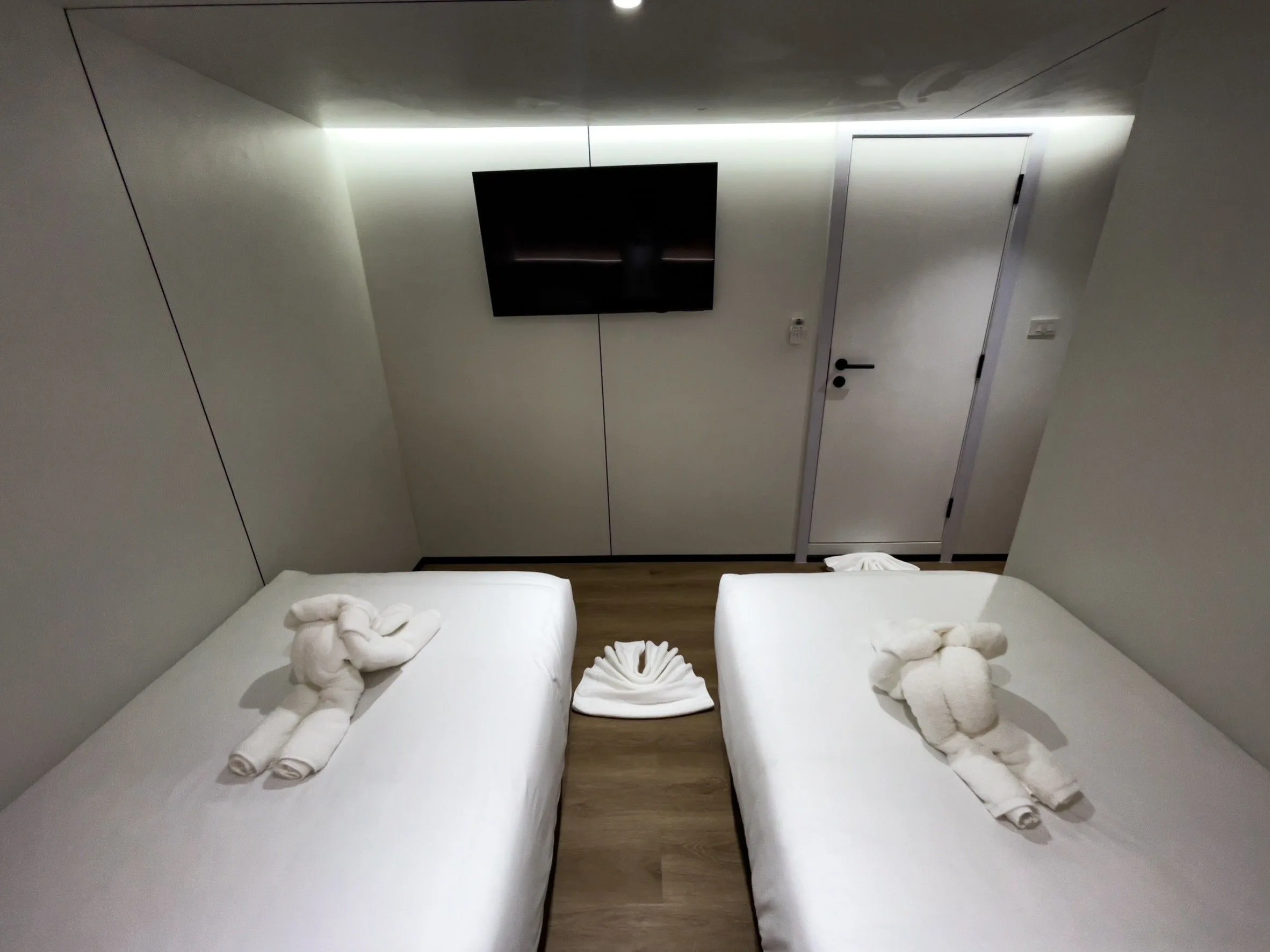 Lower deck twin cabin with a TV on the bulkhead