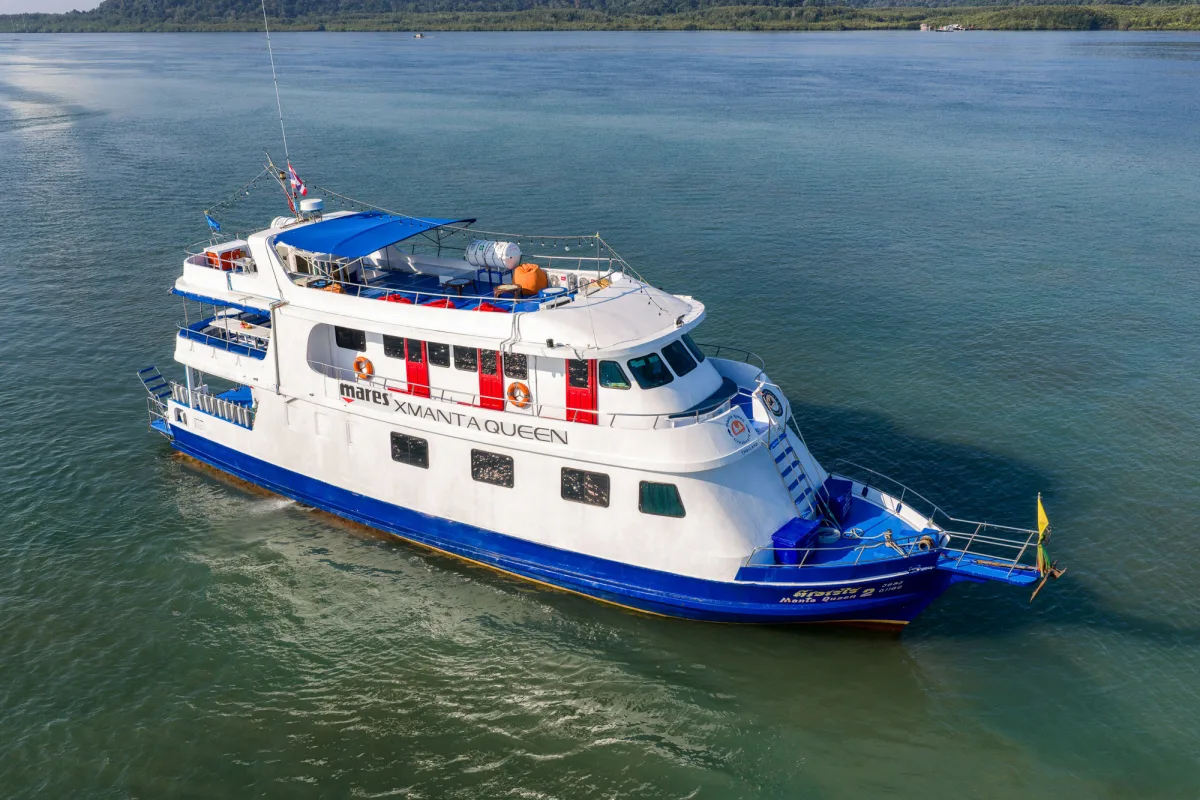 Manta Queen 2 from astern — dive platform and ladder into the water