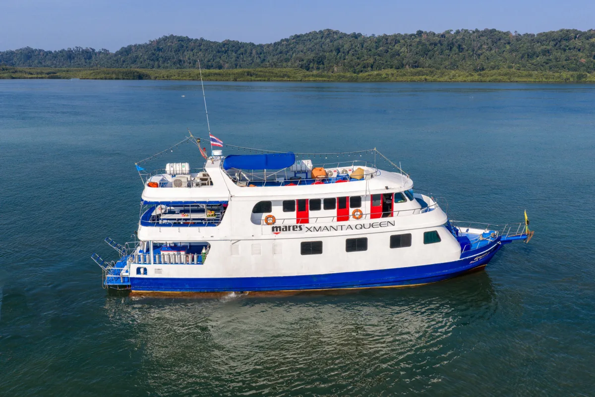 Manta Queen 2 moored off a forested shoreline