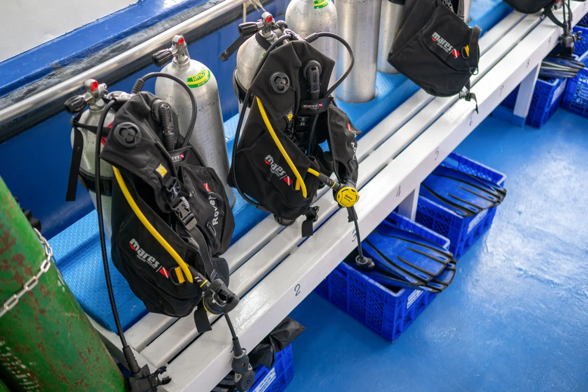 Assembled dive kit on the dive deck bench