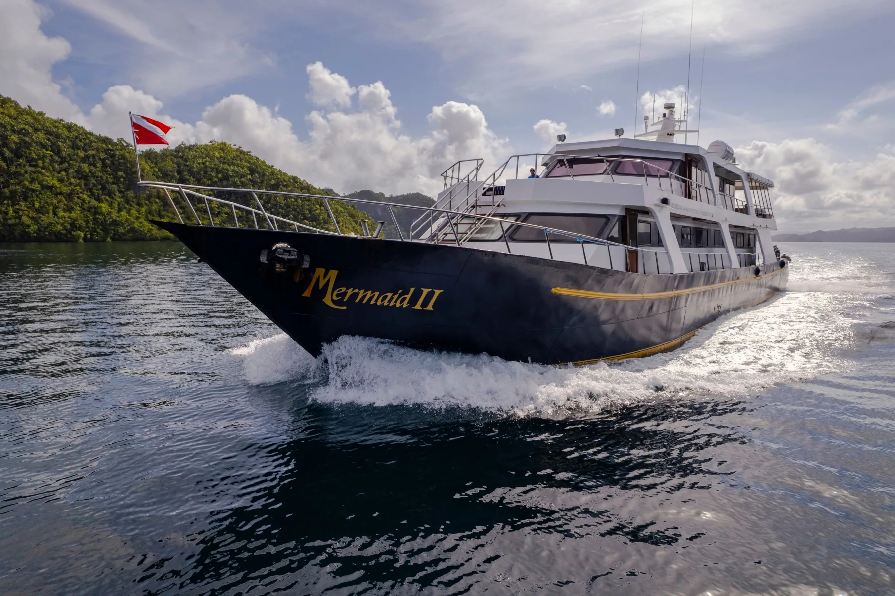 Тёмно-синий корпус с золотой надписью Mermaid II и водолазным флагом на мачте