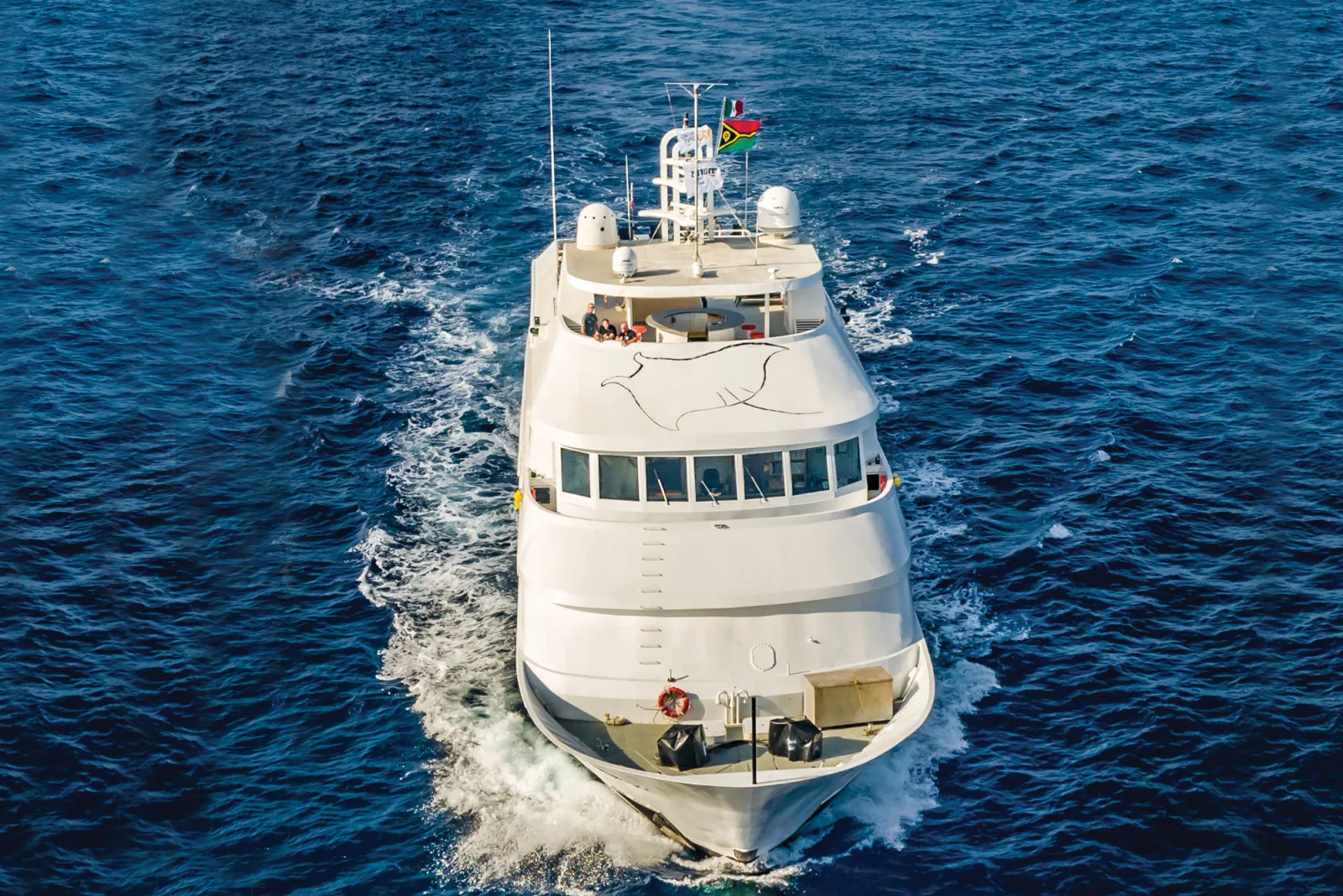 Nautilus Belle Amie с высоты — кильватерный след и вулканический остров