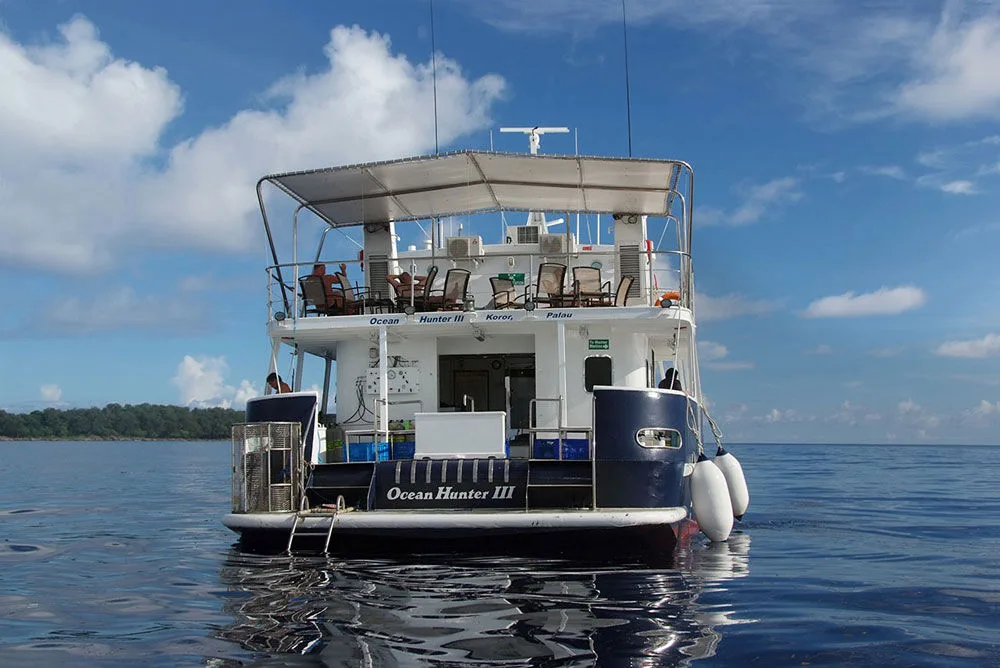 Ocean Hunter 3 from astern — dive platform and the name on the transom