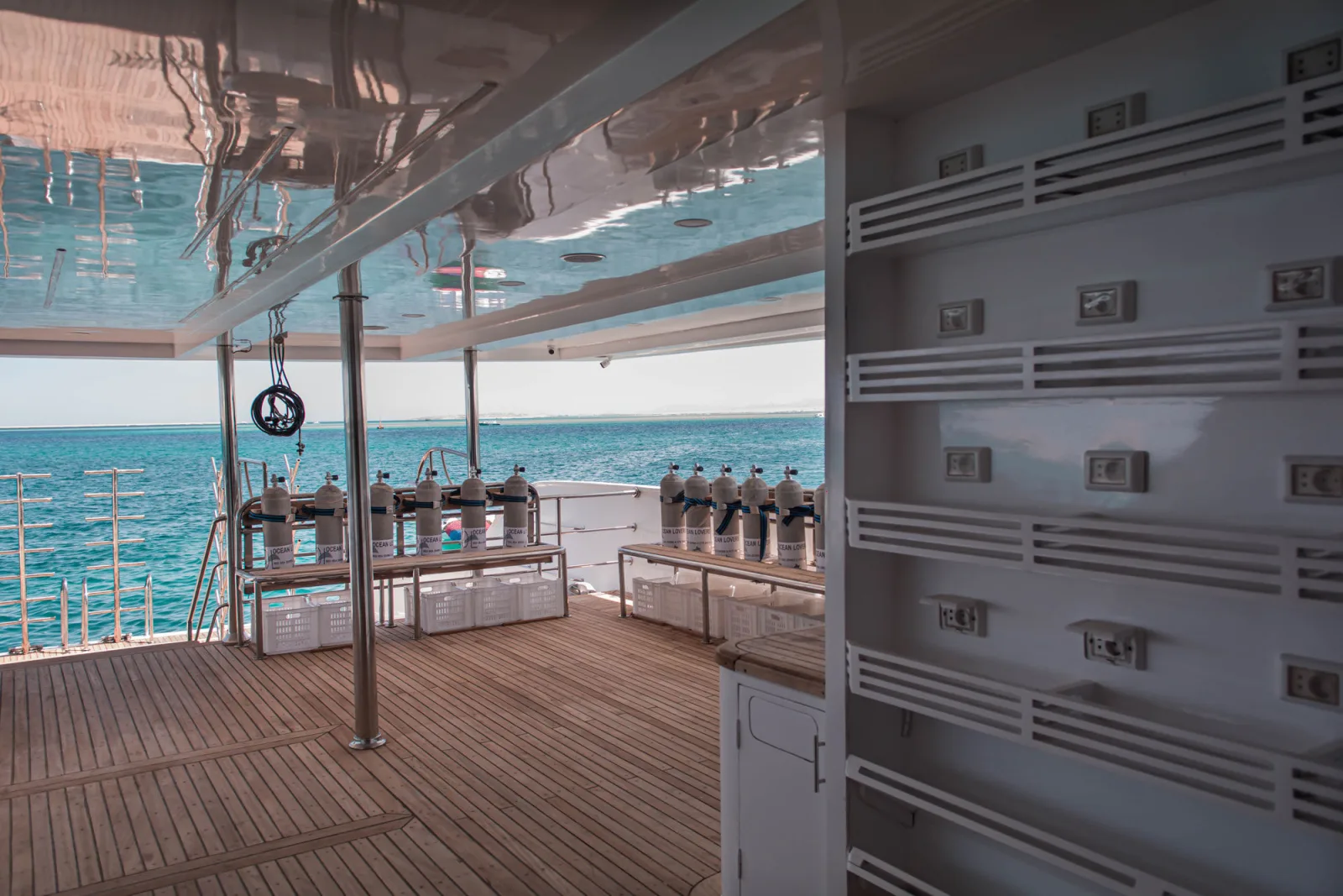 The charging bank on the dive deck for torches and cameras