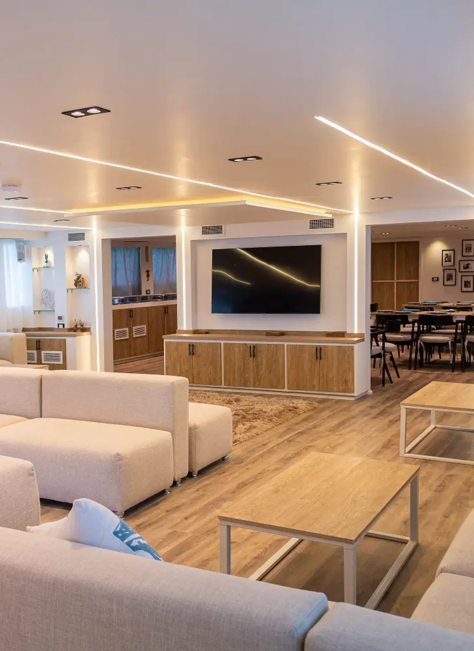 The main-deck saloon of Ocean Lovers with the restaurant beyond