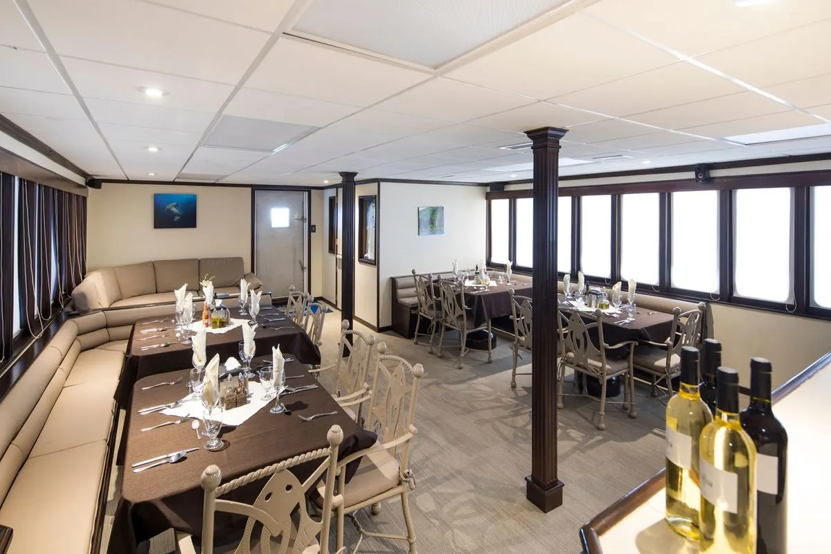 Dining room and bar counter aboard Okeanos Aggressor II