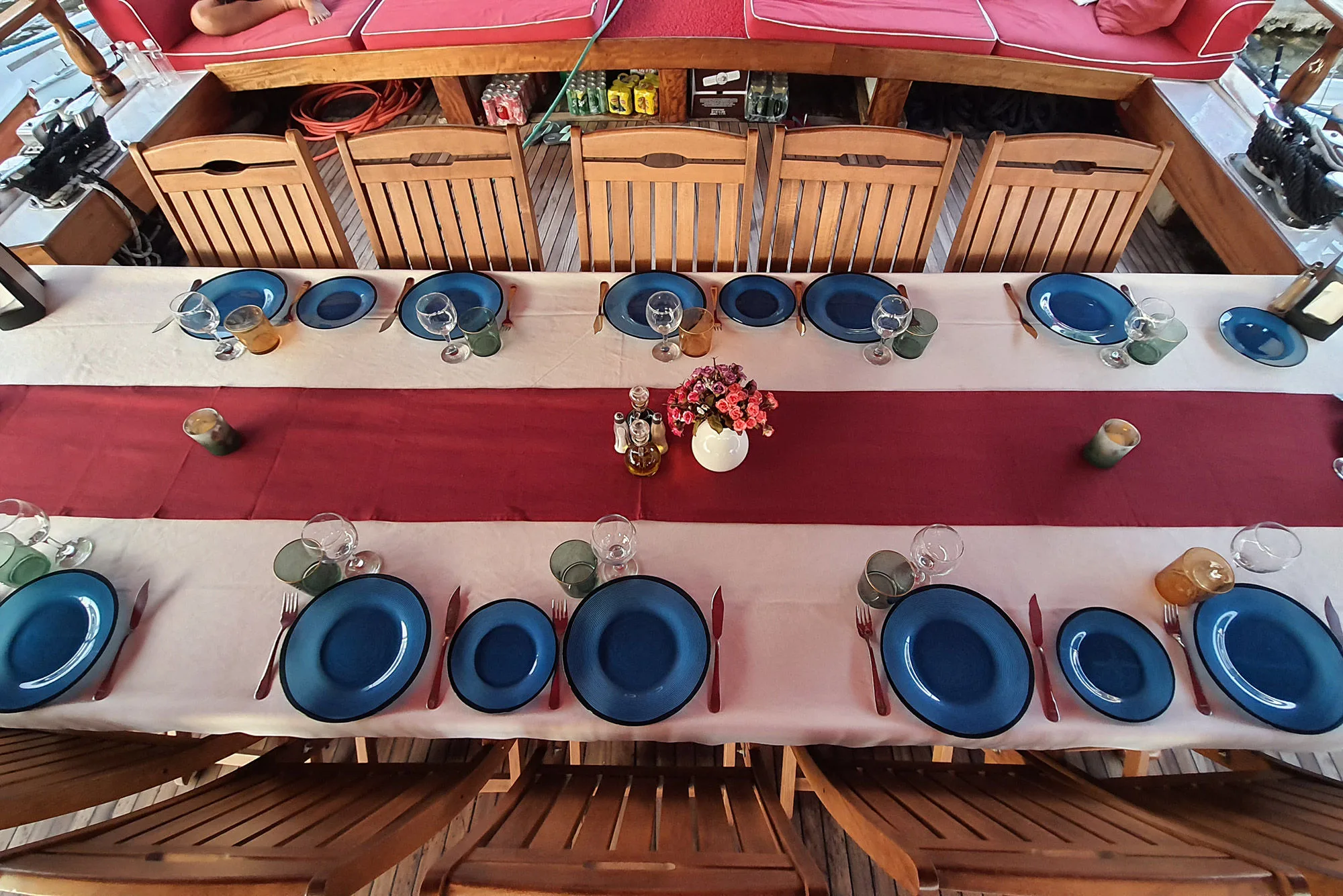 The long deck table laid for lunch, seen from above