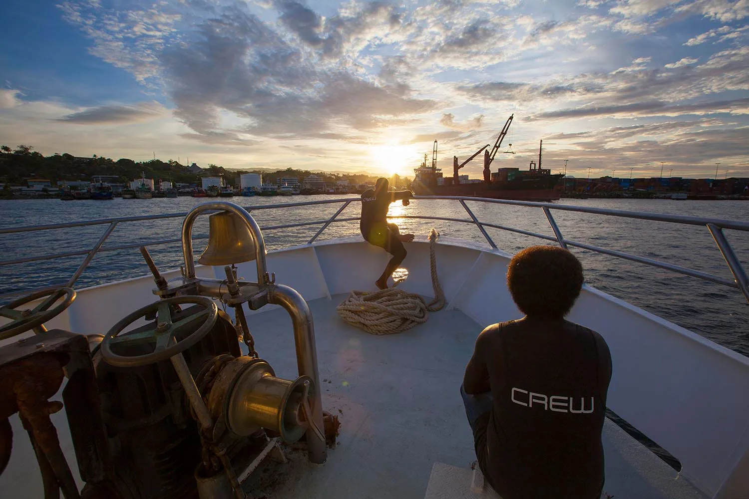 Bow of Pacific Master at dawn, mooring in harbour