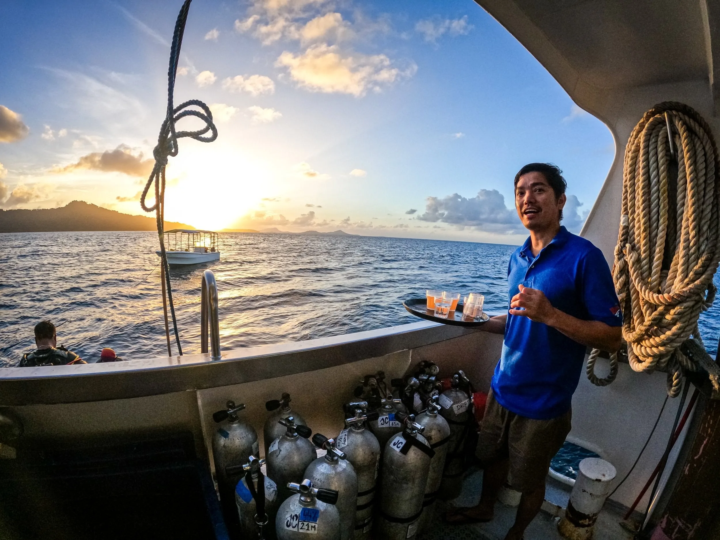 Refreshments on the dive deck of Pacific Master after an evening dive