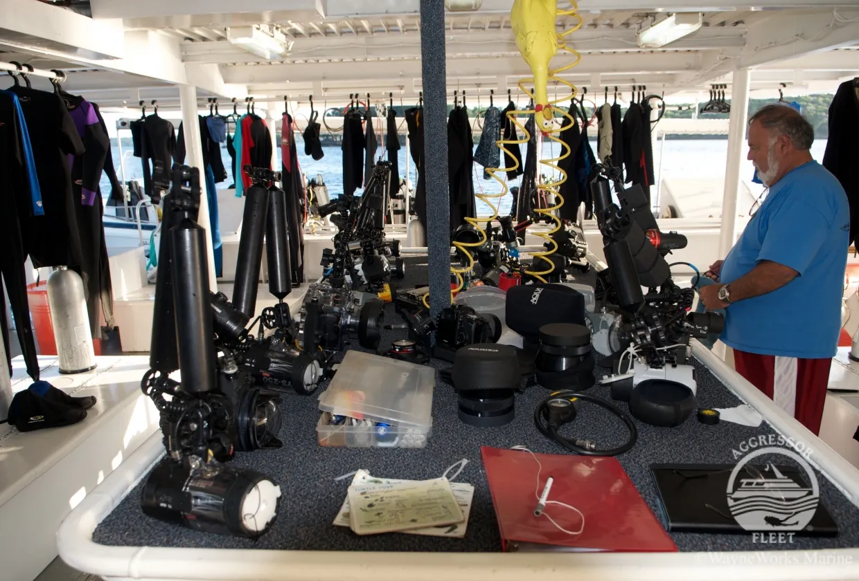 Dive deck with gear and the camera table