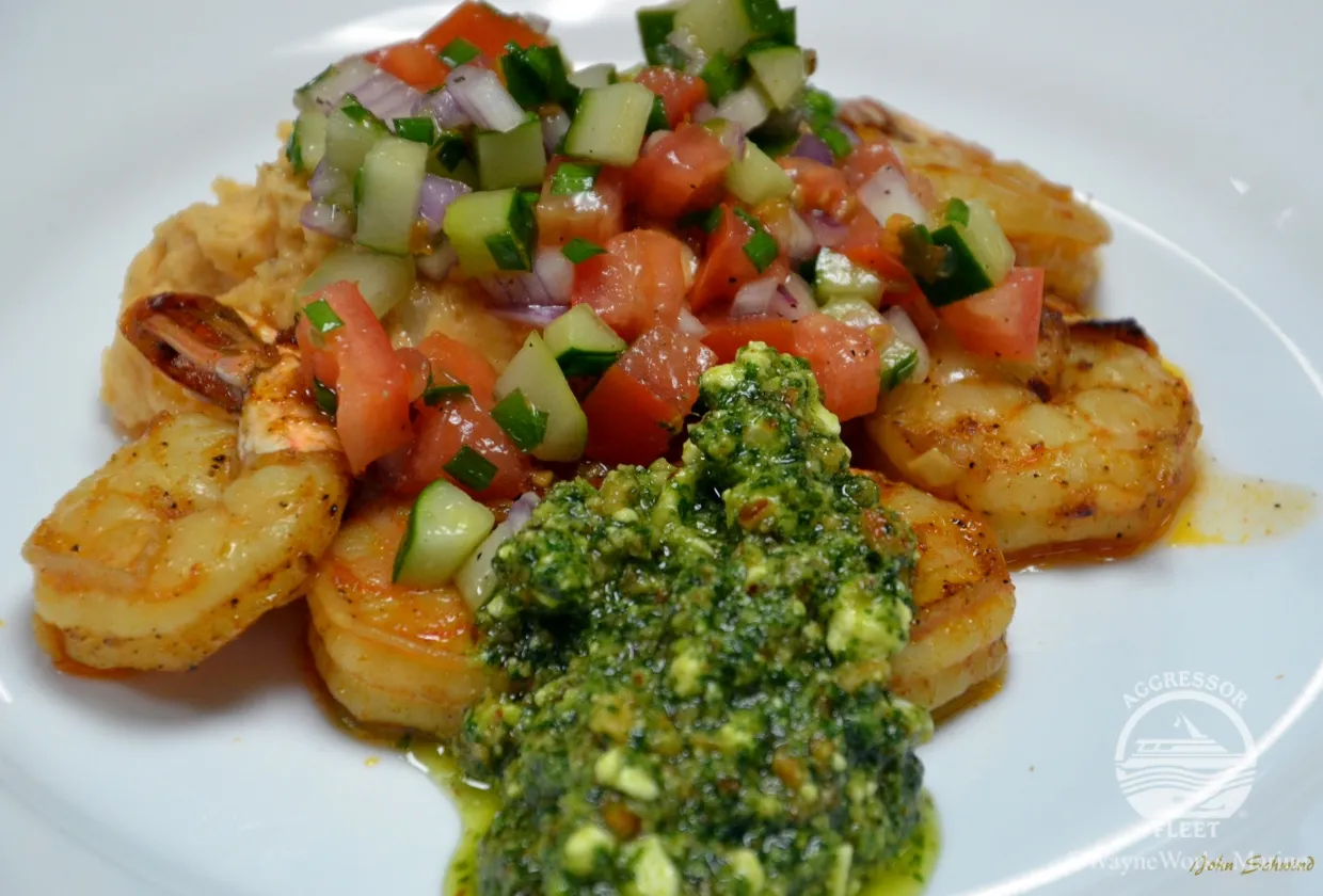 Prawns with vegetable salsa served on board