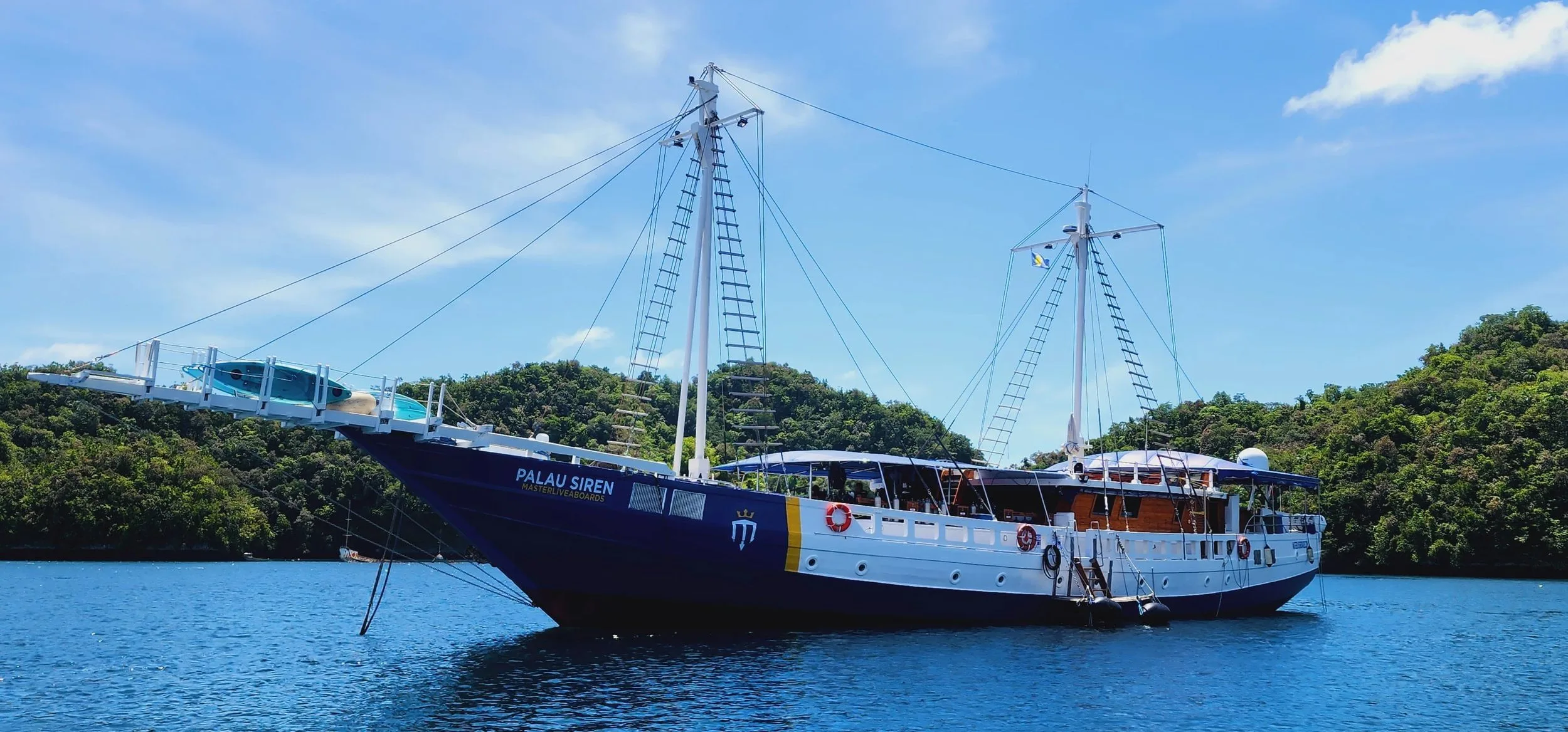 Palau Siren at anchor beneath the jungle-covered Rock Islands