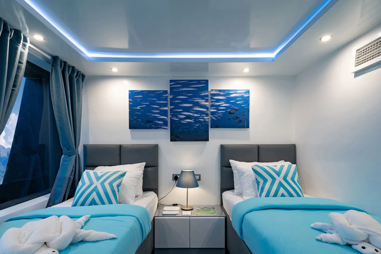 Deluxe Main Deck cabin on Philippines Aggressor — two single beds with turquoise covers