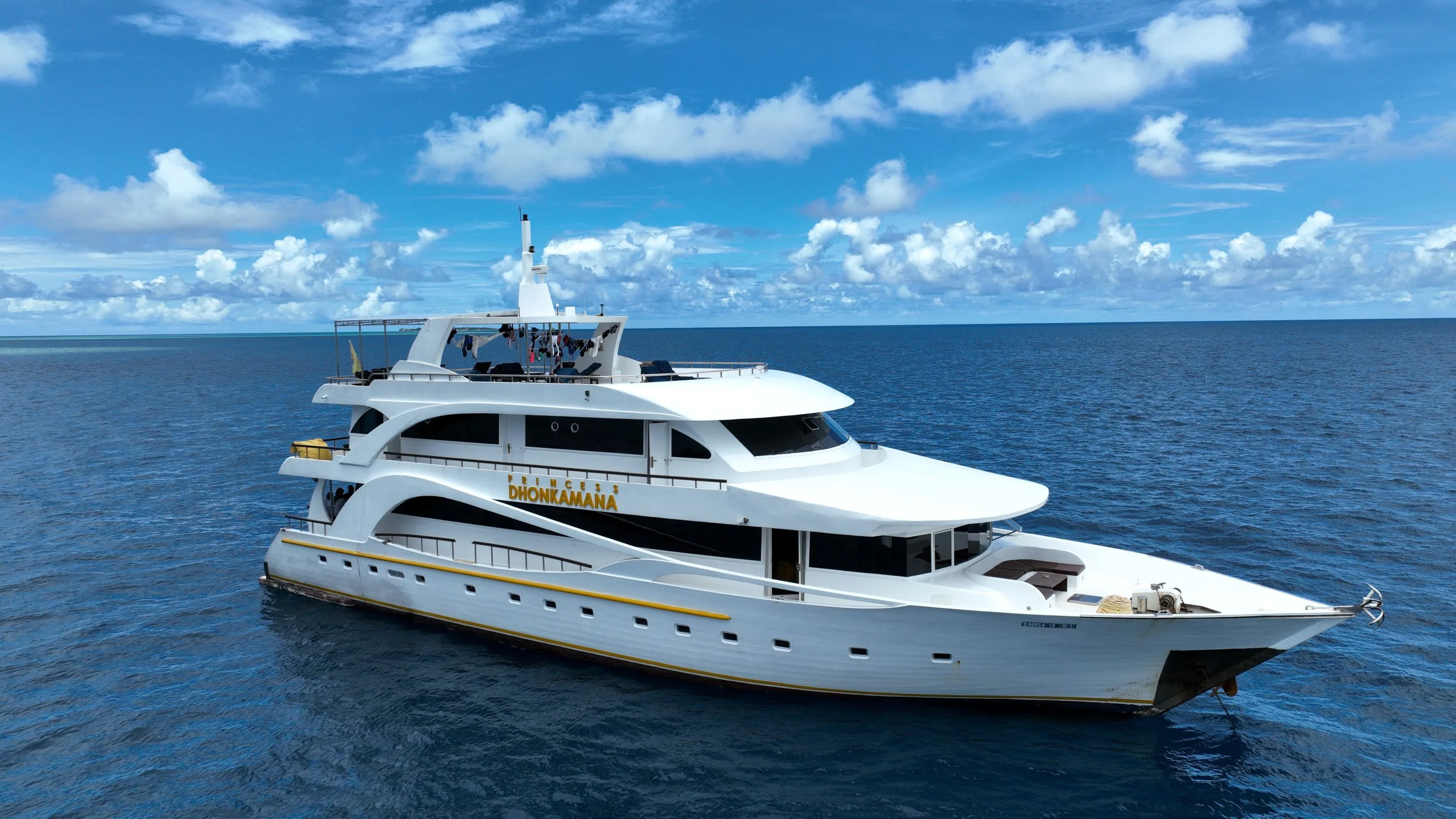 Princess Dhonkamana at sea under a Maldivian sky