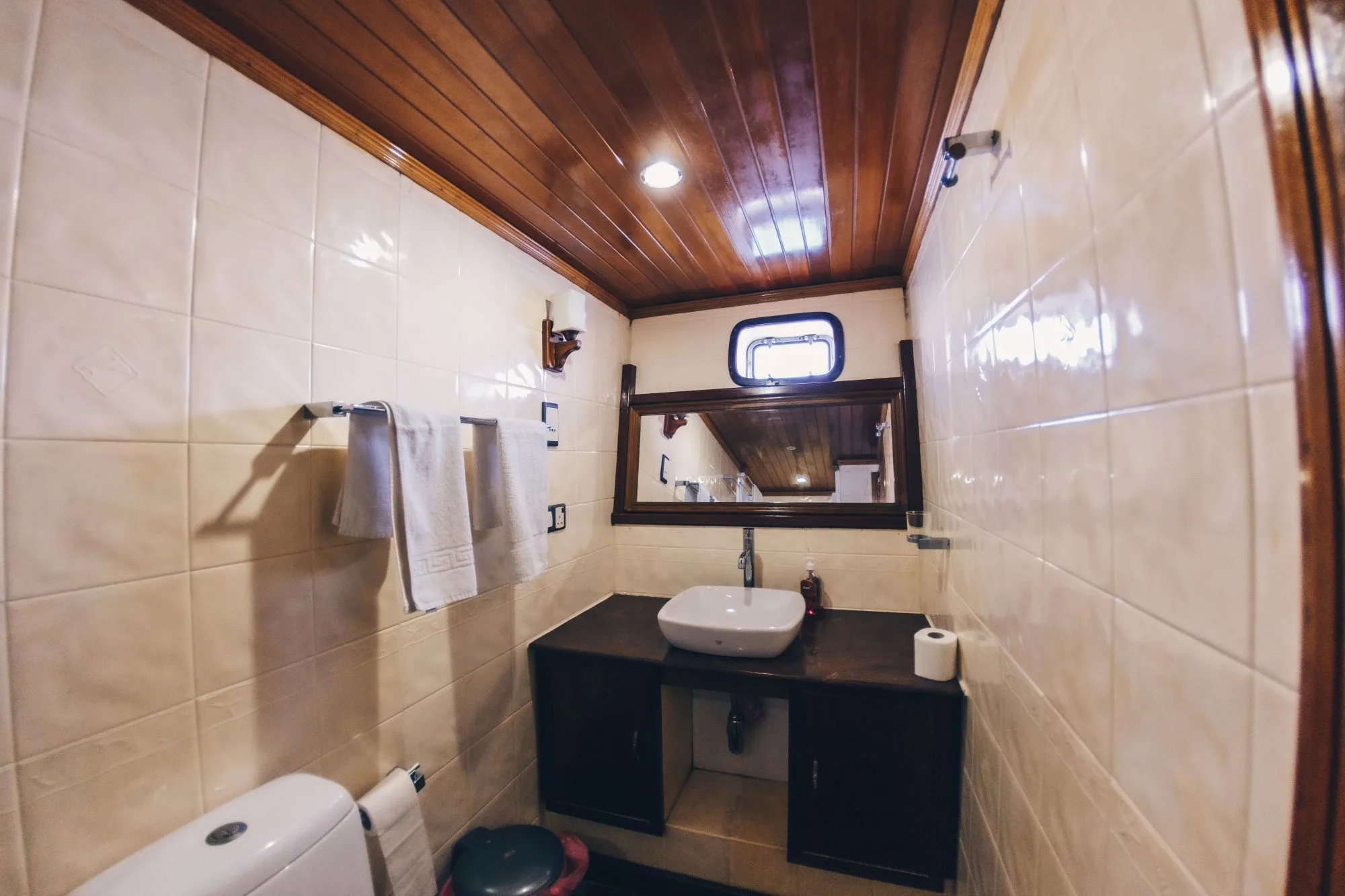 En-suite bathroom on Princess Dhonkamana with washbasin and mirror