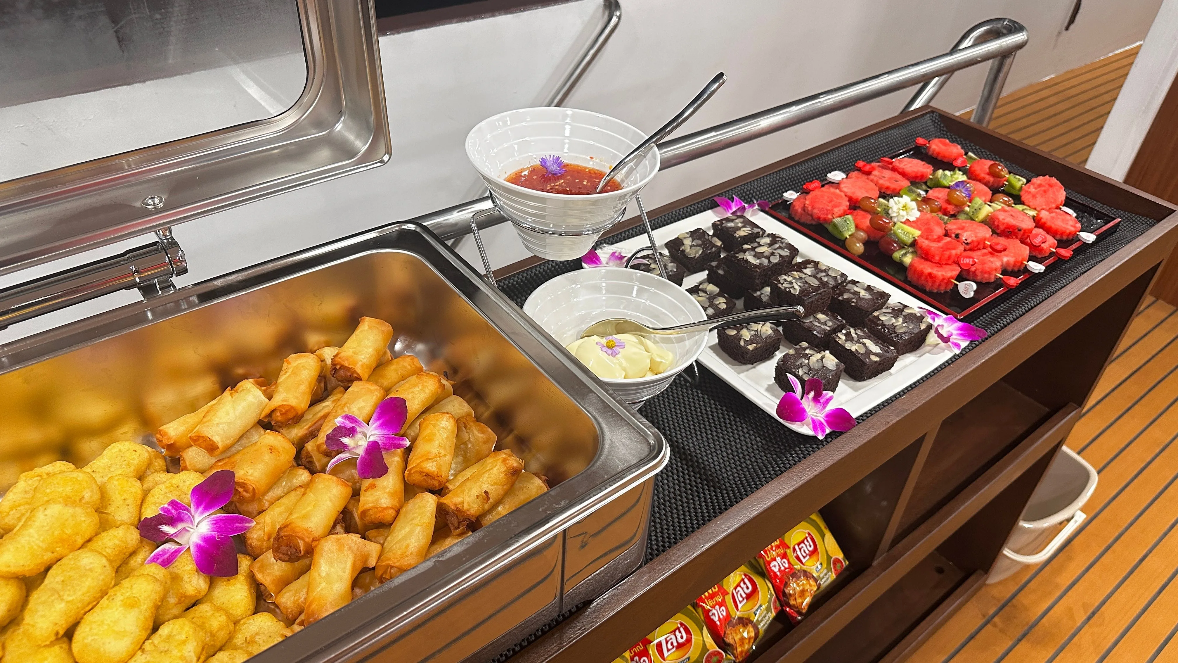 Hot snacks and desserts on Raga's deck