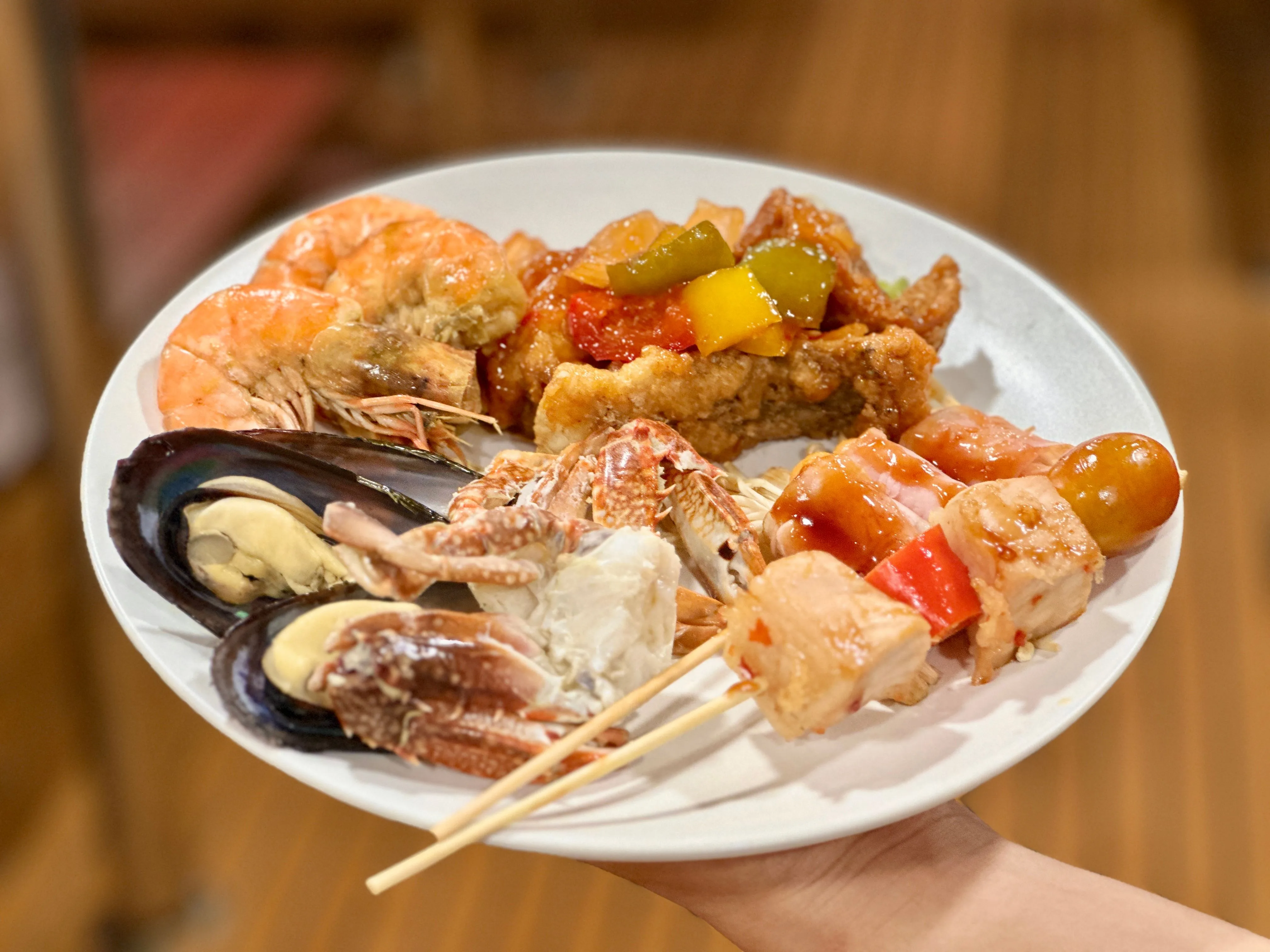A plate of seafood from dinner on Raga