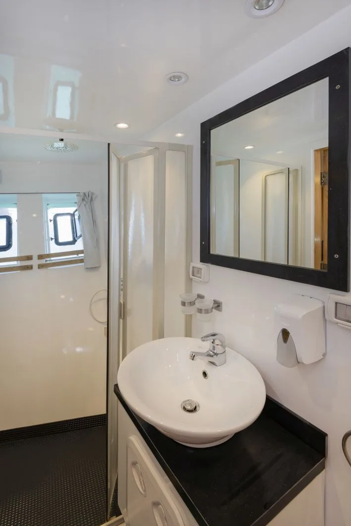 Master cabin bathroom with shower cubicle and basin