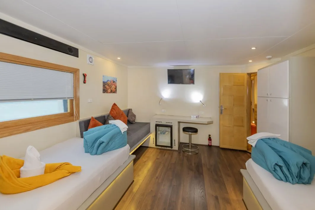 Superior lower deck cabin — made-up beds and the desk