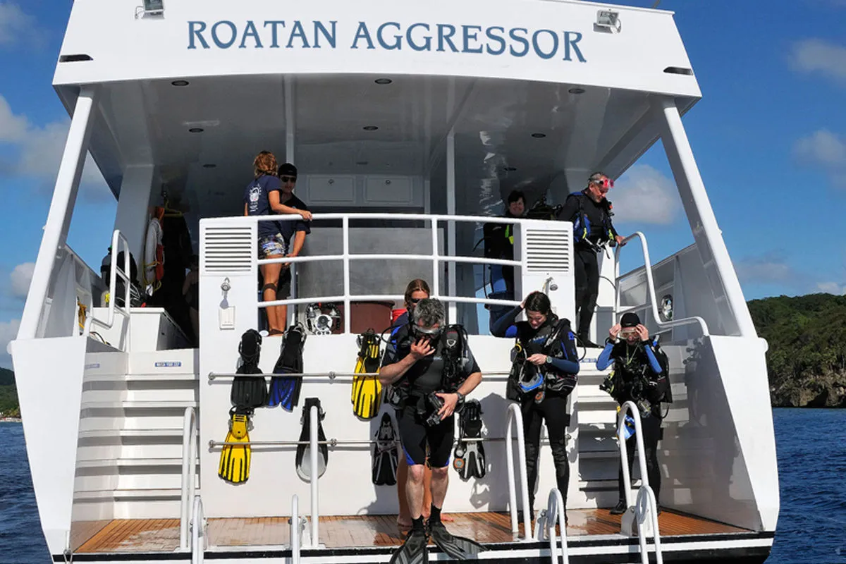Дайверы собираются на кормовой платформе Roatan Aggressor