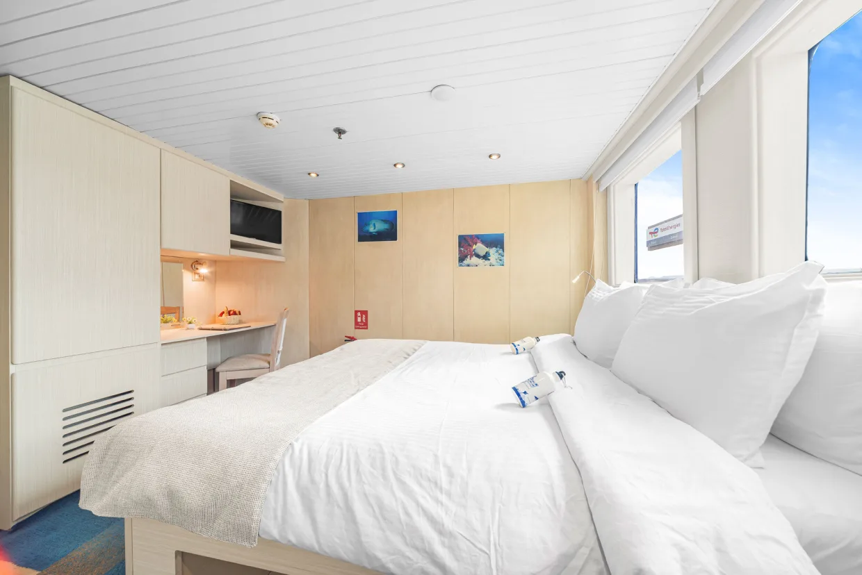 Double Suite on Royal Evolution — queen bed beside a sea-view window