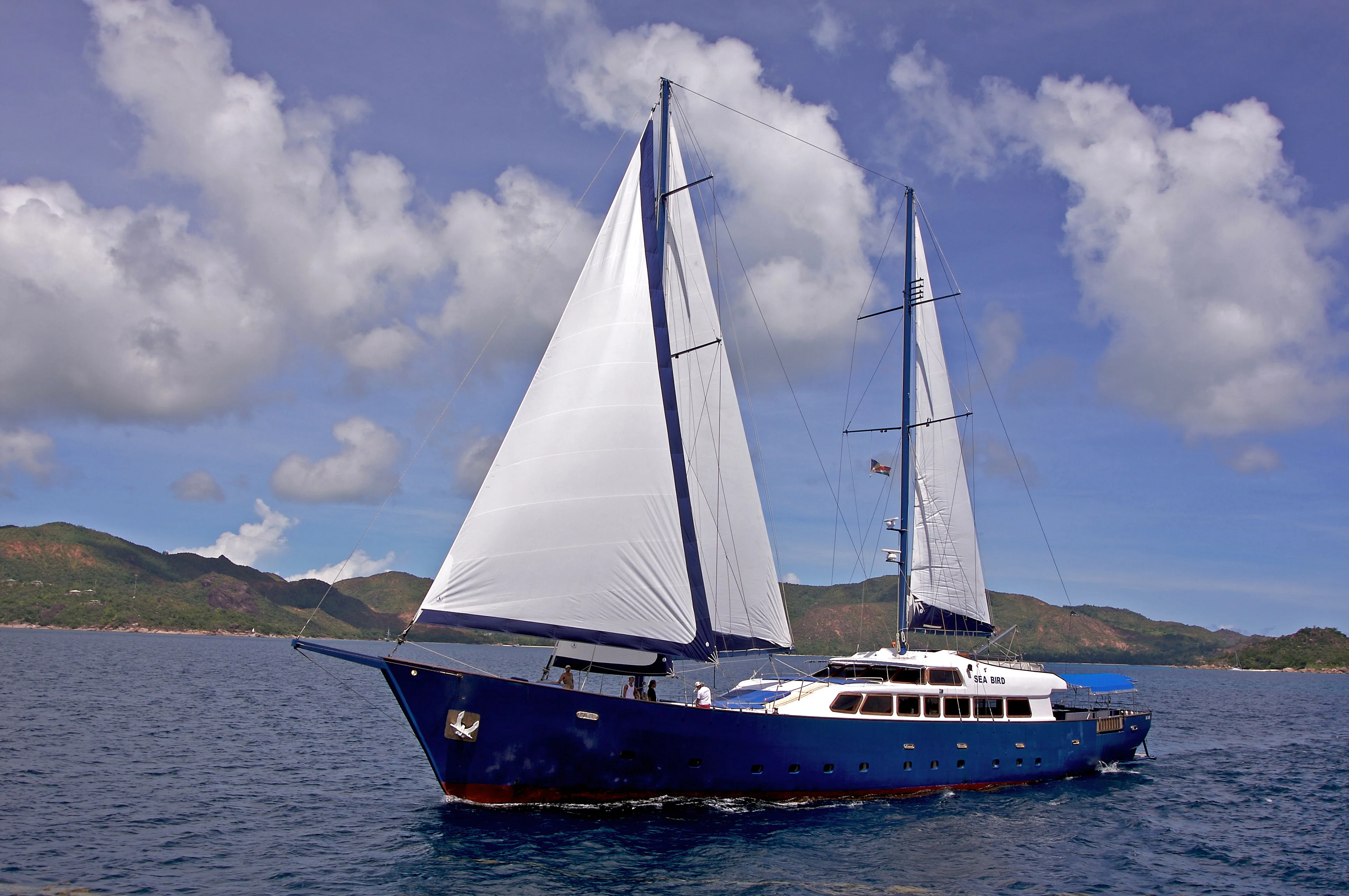 Sea Bird under full sail off the Seychelles
