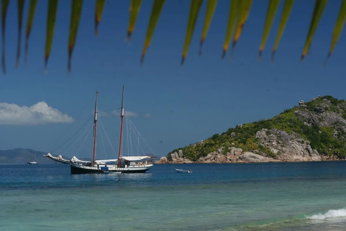 Sea Pearl at anchor seen through palm fronds