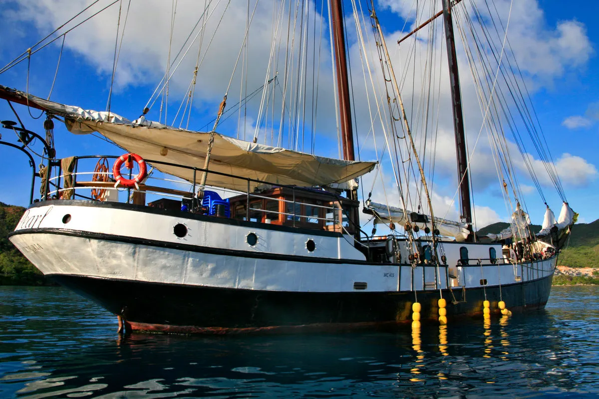 Sea Pearl close alongside — awning over the aft deck and life rings on the rail