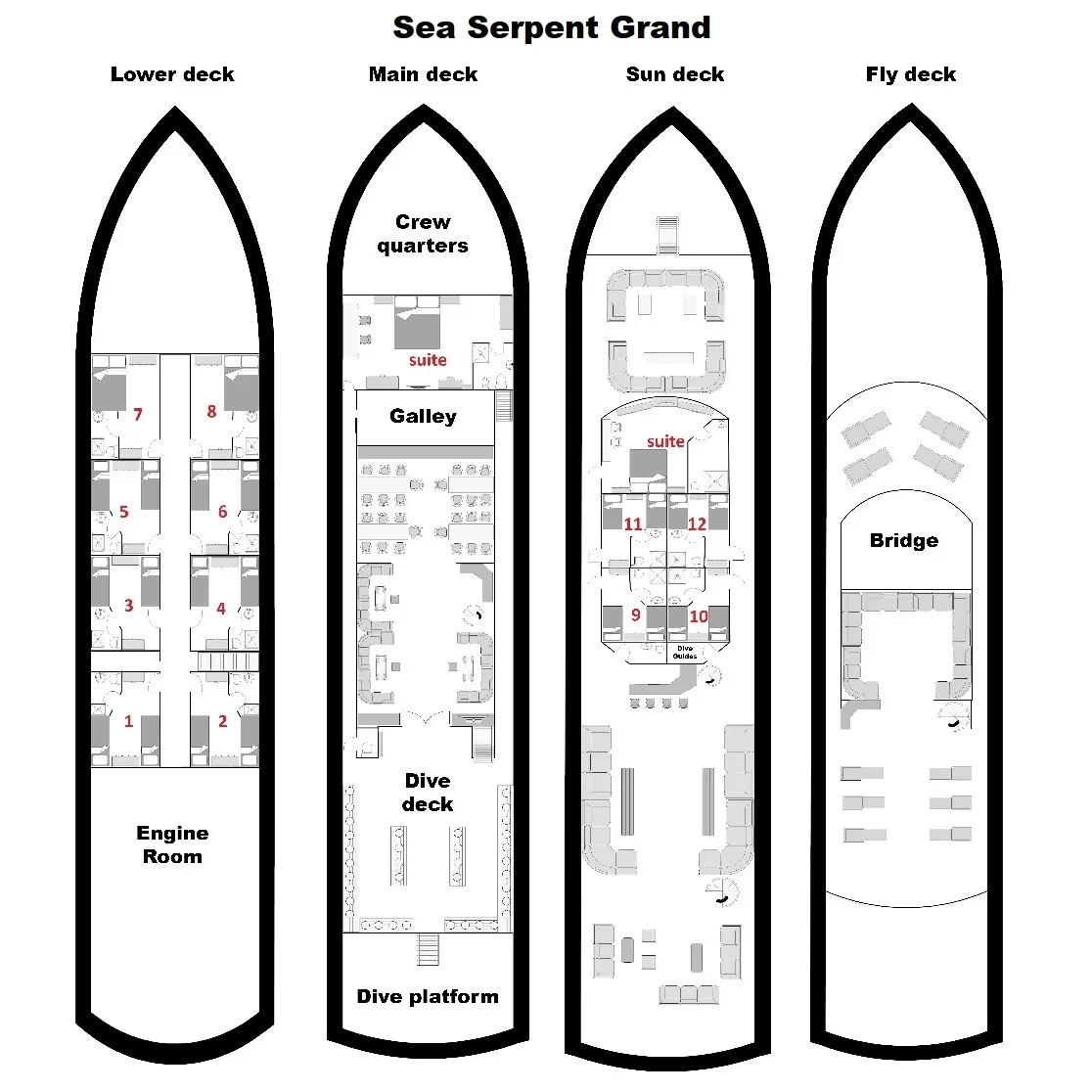План палуб Sea Serpent Grand — нижняя палуба, главная, сан-дек и флай-дек
