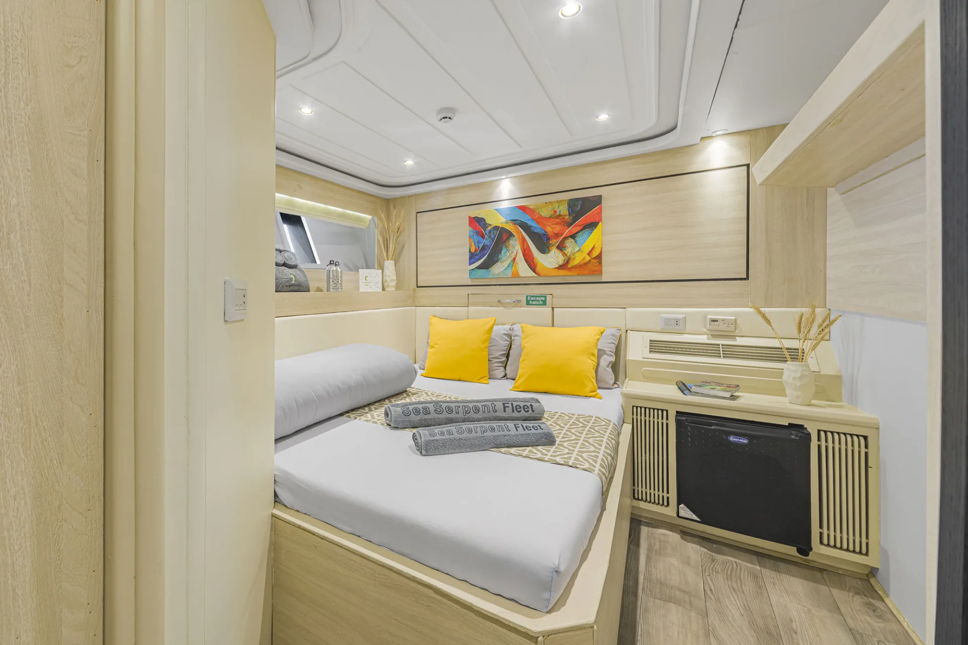 Каюта Double Bed на нижней палубе Sea Serpent Grand — широкая кровать, холодильник и картина над изголовьем