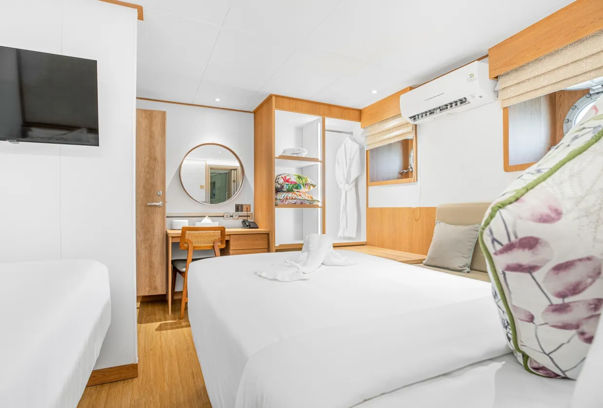 Lower deck cabin on Solitude Gaia — TV and dressing table