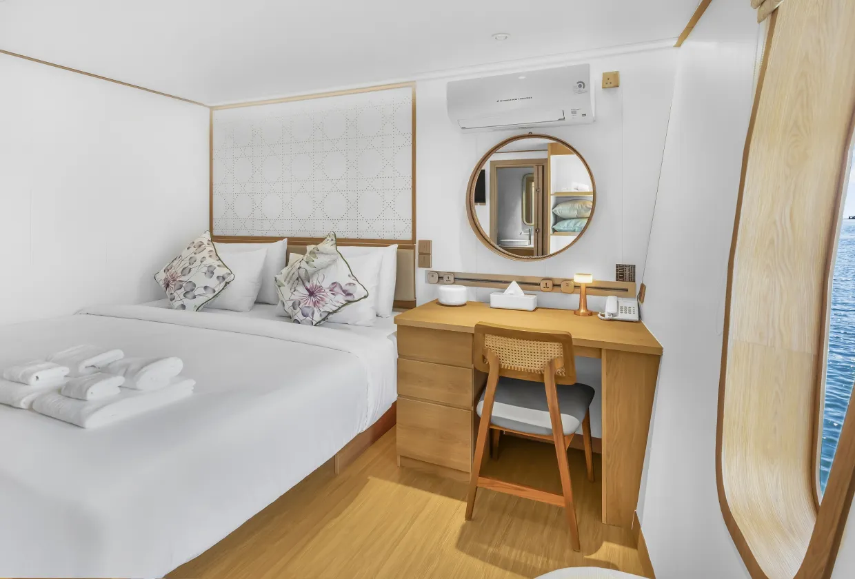 Main deck cabin on Solitude Gaia — dressing table and mirror