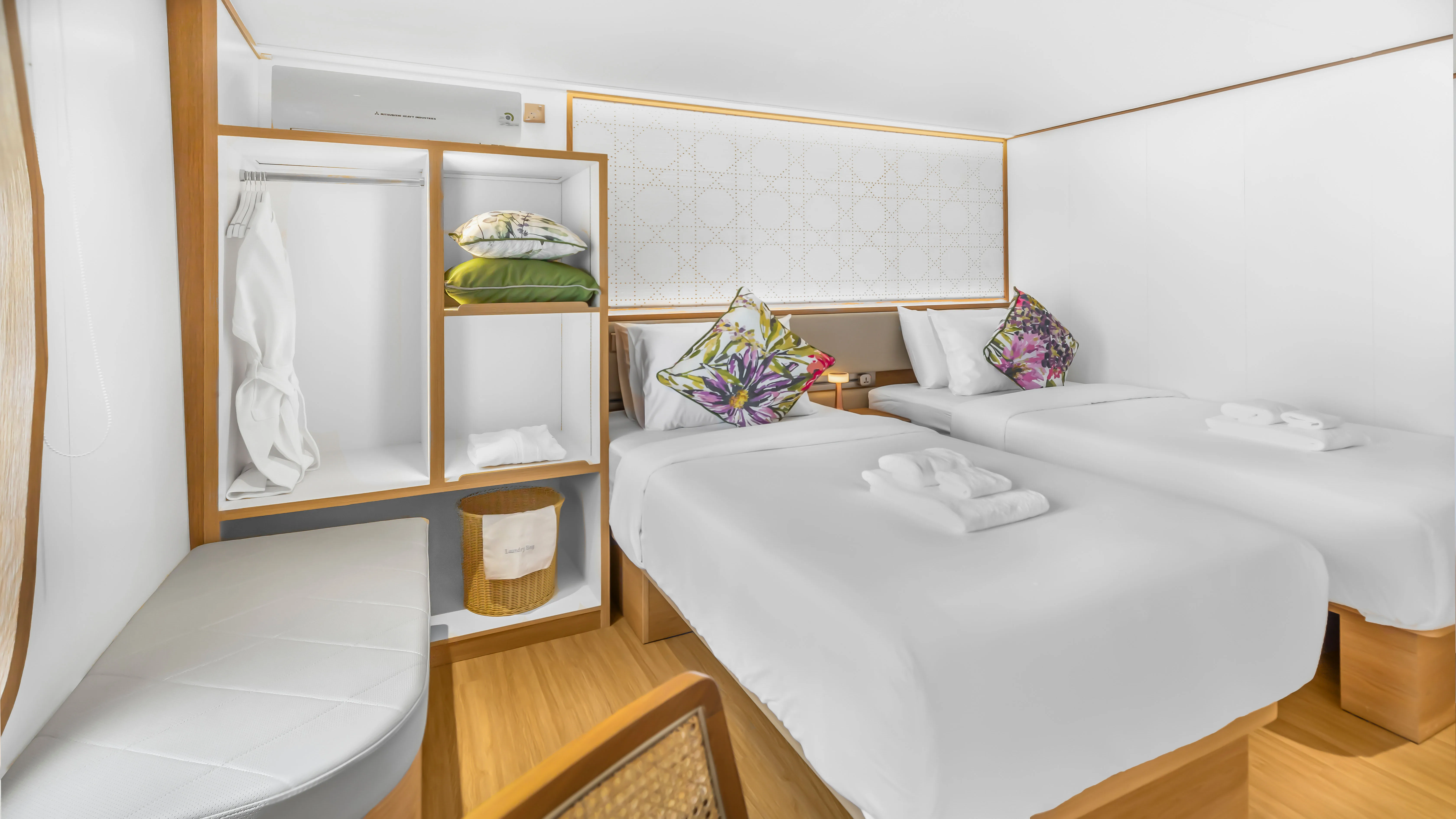 Cabin 204 on Solitude Gaia — open shelving and a bench