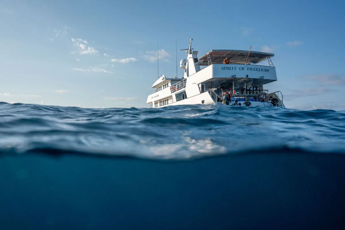 Spirit of Freedom from water level, half the frame below the surface